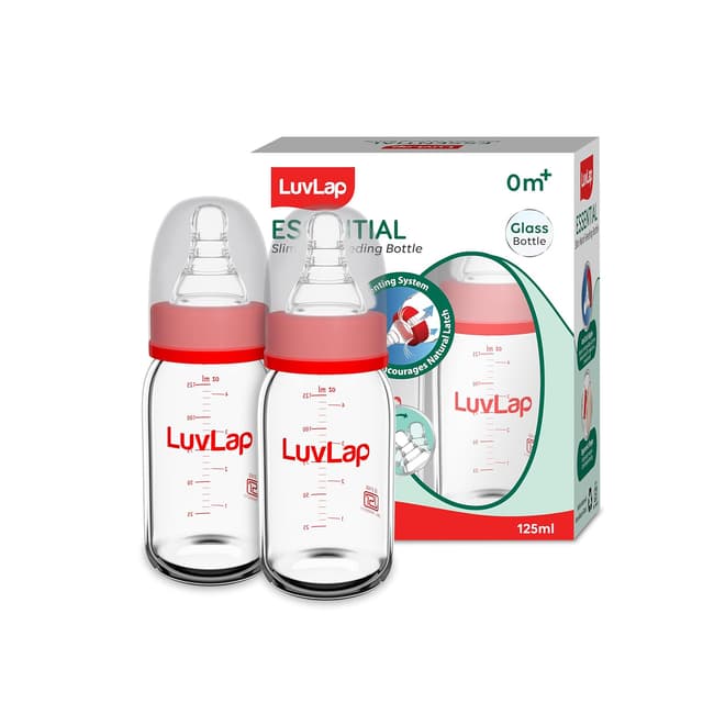 LuvLap Essential Slim Neck Glass Feeding Bottle - 125ml (Pack of 2)
